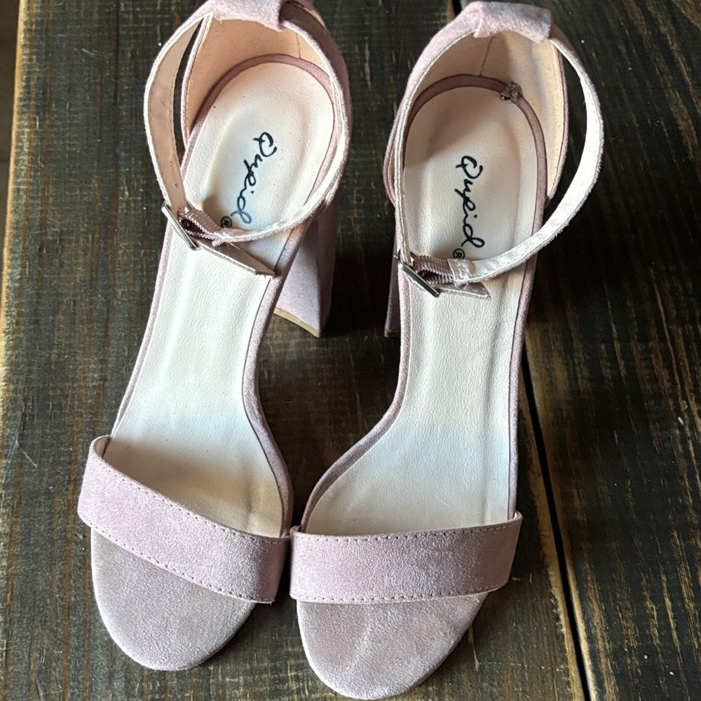 Qupid Blush Suede Block Heels